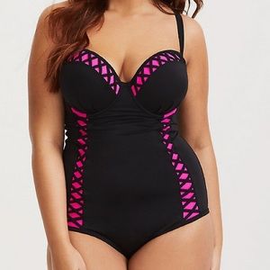 TORRID pink black lattice push-up one piece, 4X